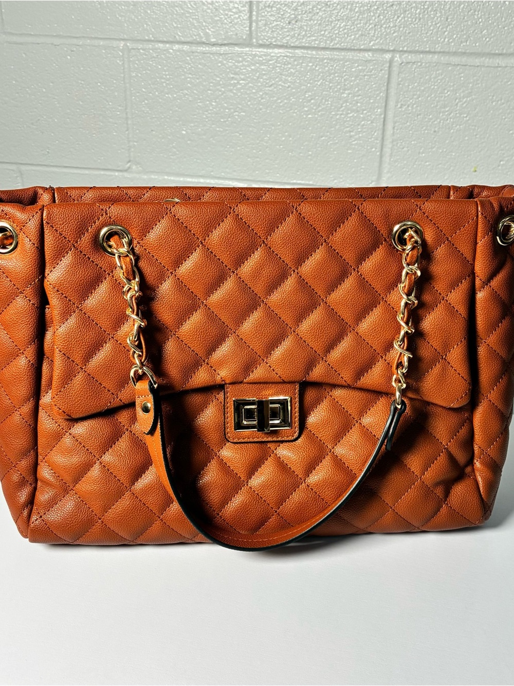 Ello Shirley Quilted Brown Shoulder Bag Gold Chain Tote